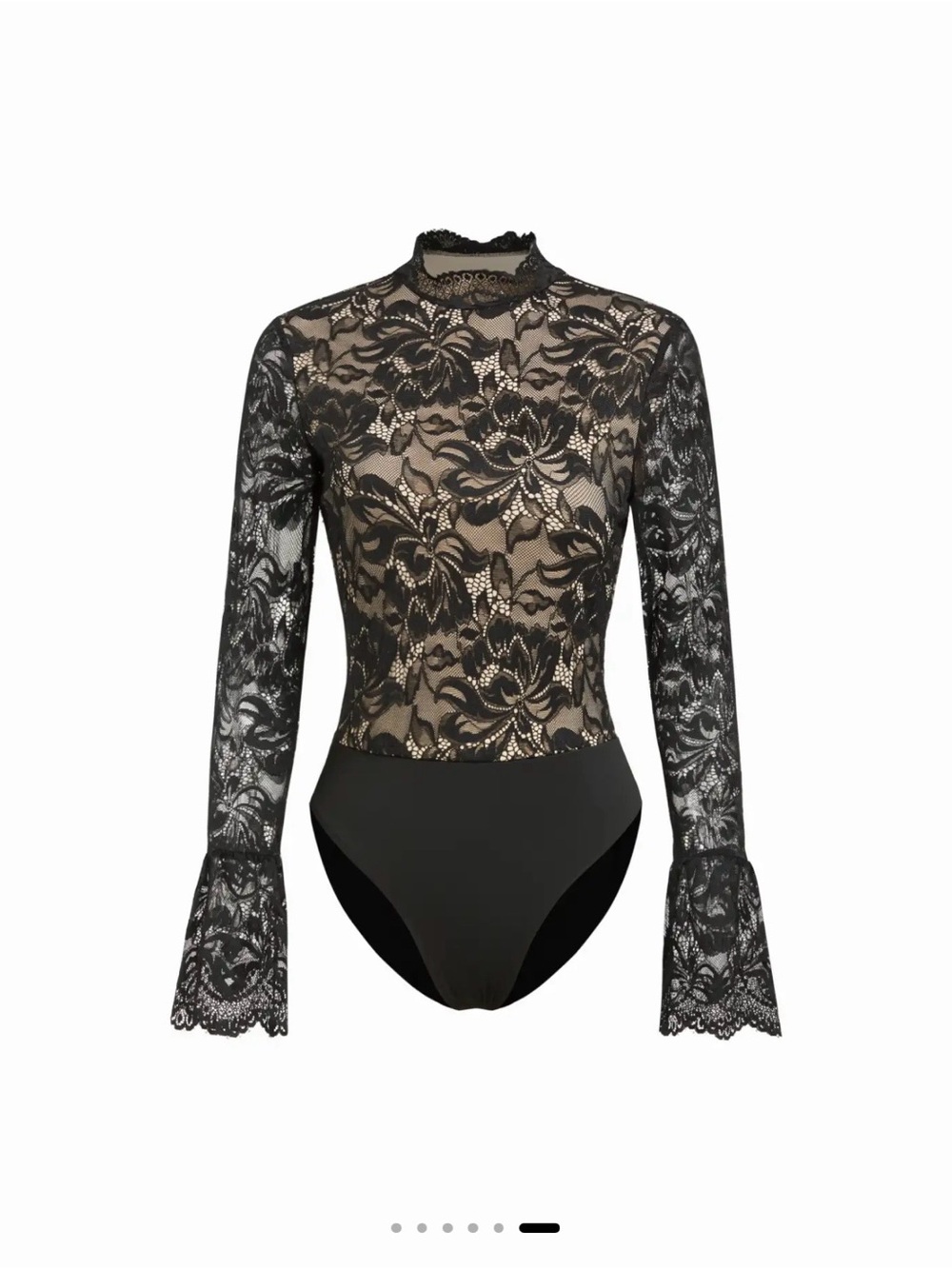 Cider Black Sheer Lace Overlay Bodysuit w/   Long bell sleeves Mock Neck NWT